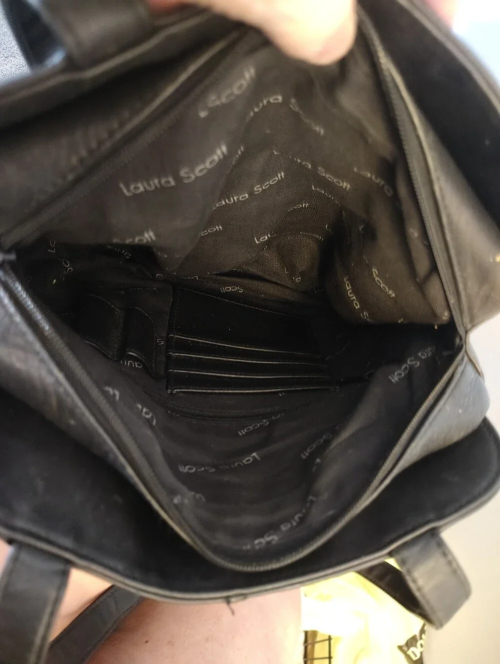 Laura Scott Classic Black Leather Tote Bag with Gold Accent -